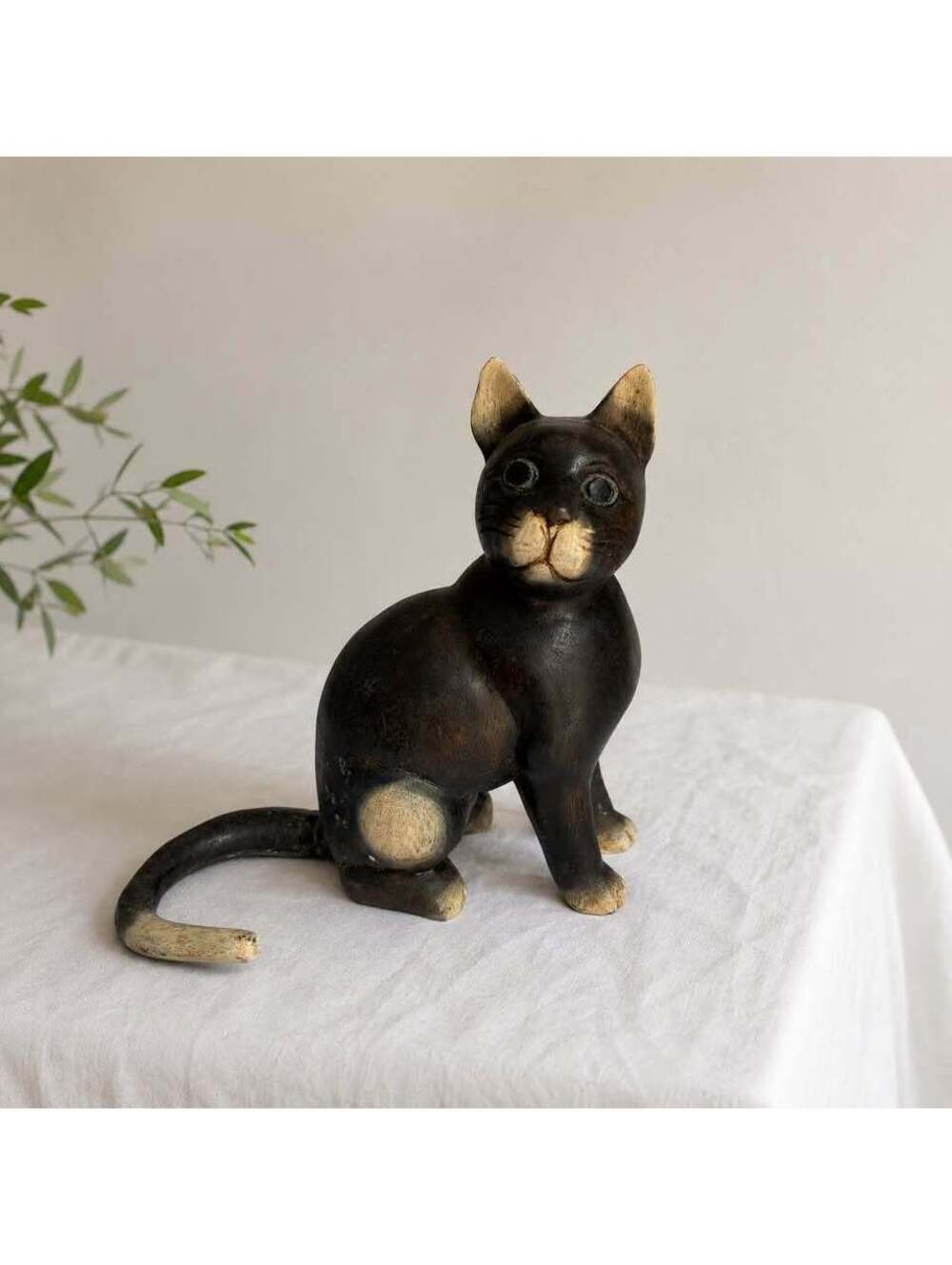Vintage Hand Carved Solid Wood Black Cat Figurine Folk Art 11” Heavy